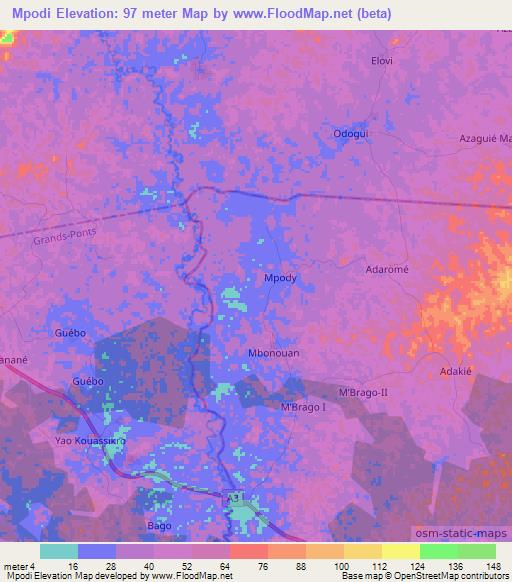 Mpodi,Ivory Coast Elevation Map