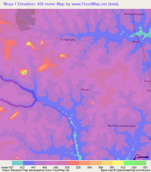 Moya I,Ivory Coast Elevation Map