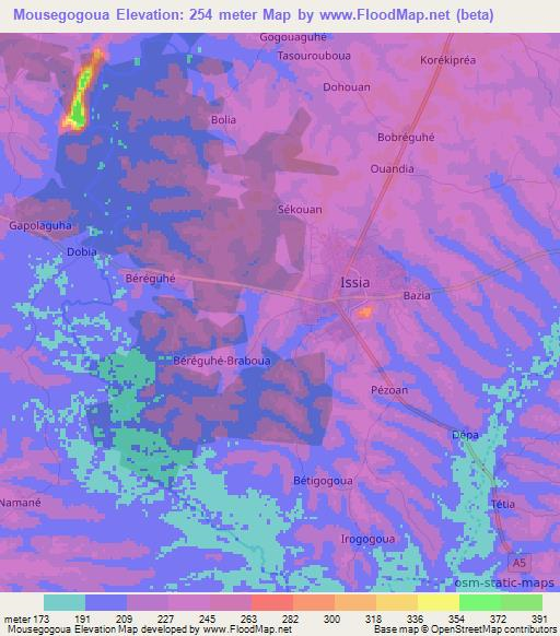 Mousegogoua,Ivory Coast Elevation Map