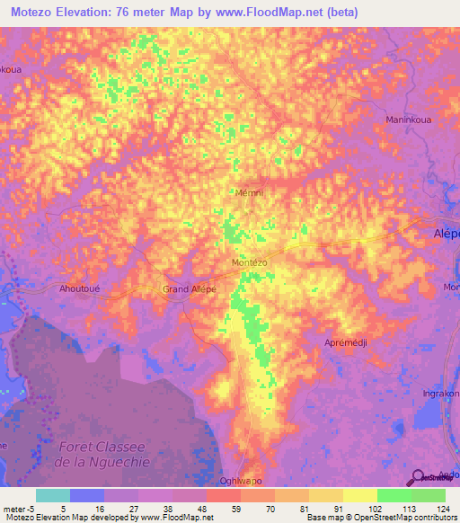 Motezo,Ivory Coast Elevation Map