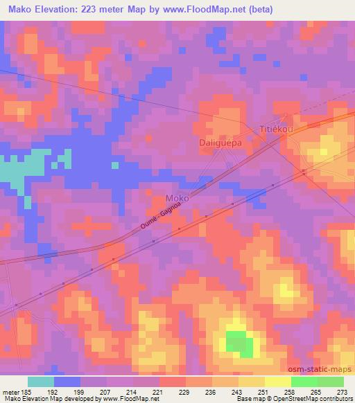 Mako,Ivory Coast Elevation Map