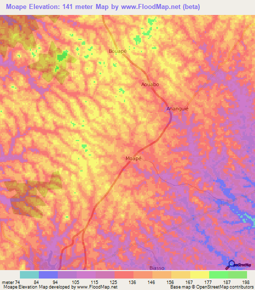 Moape,Ivory Coast Elevation Map