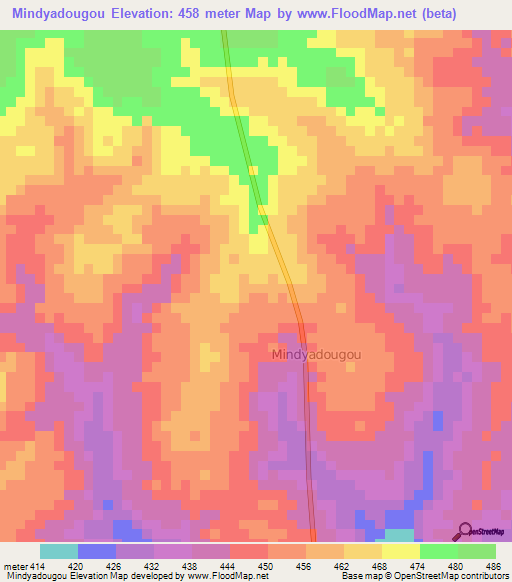 Mindyadougou,Ivory Coast Elevation Map