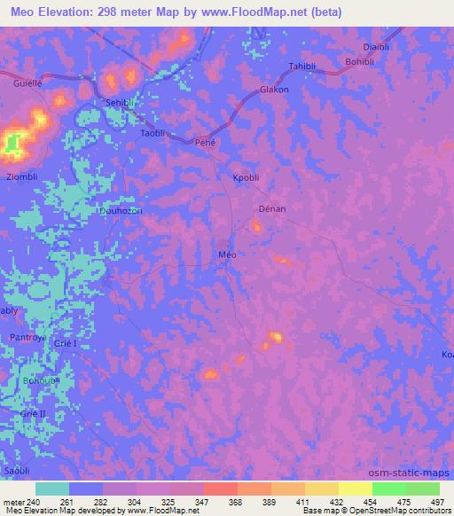 Meo,Ivory Coast Elevation Map