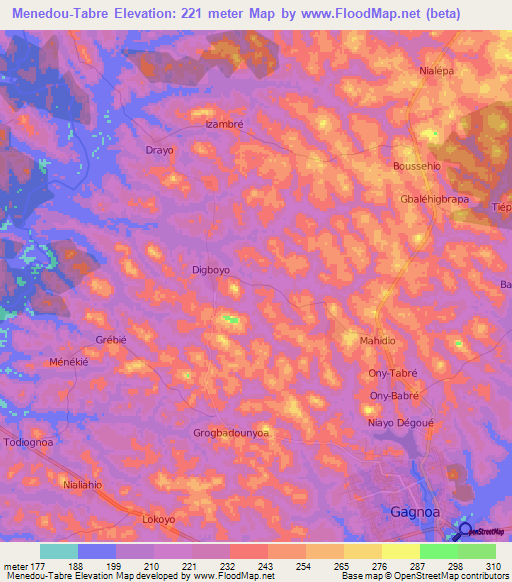 Menedou-Tabre,Ivory Coast Elevation Map