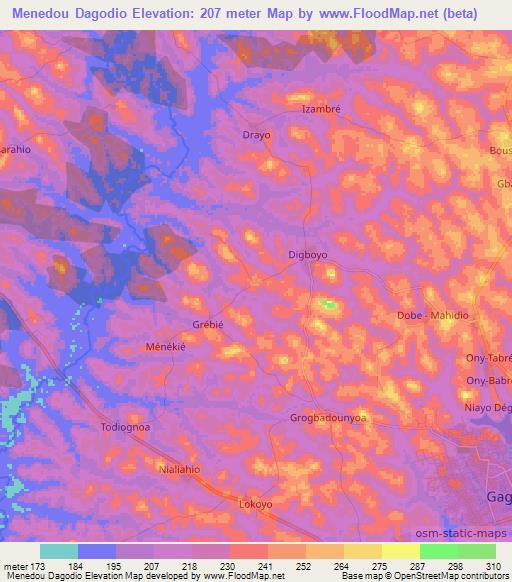 Menedou Dagodio,Ivory Coast Elevation Map