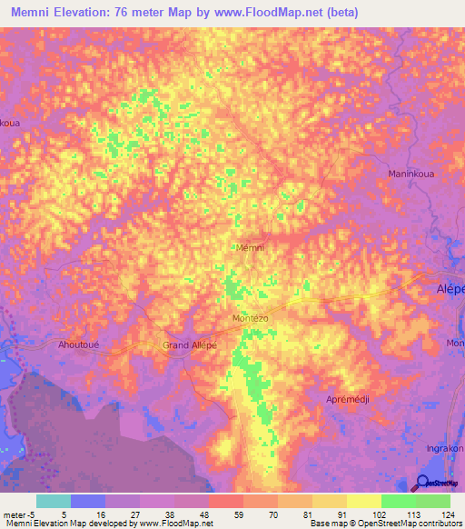 Memni,Ivory Coast Elevation Map