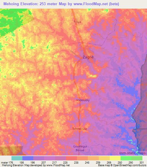 Mehoing,Ivory Coast Elevation Map