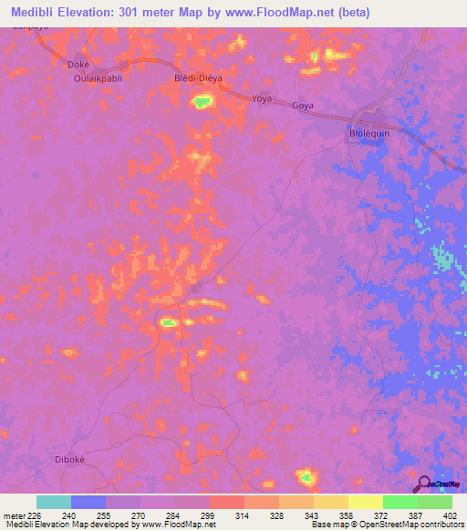Medibli,Ivory Coast Elevation Map