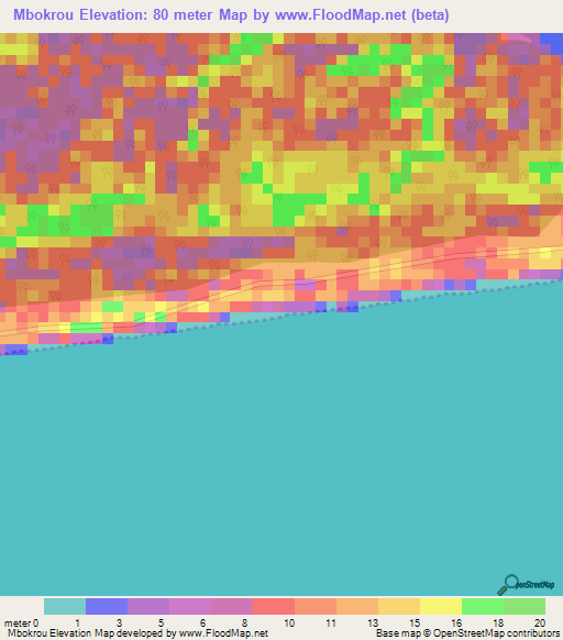 Mbokrou,Ivory Coast Elevation Map