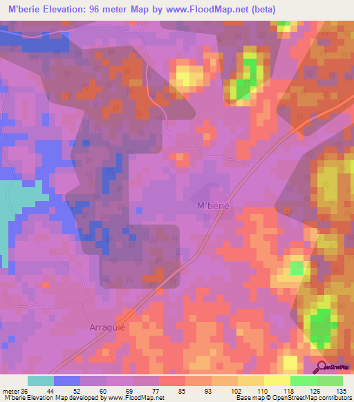 M'berie,Ivory Coast Elevation Map