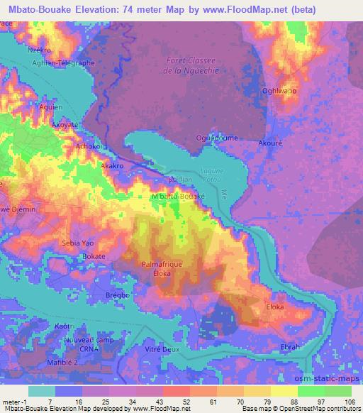 Mbato-Bouake,Ivory Coast Elevation Map