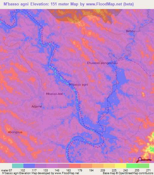 M'basso agni,Ivory Coast Elevation Map