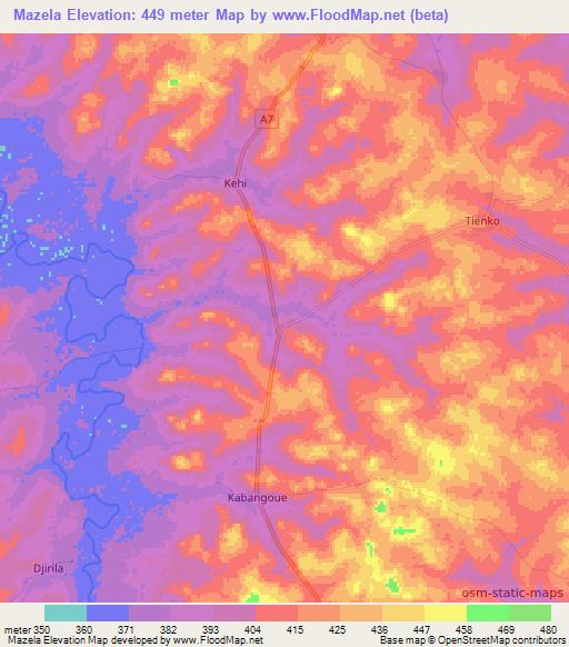 Mazela,Ivory Coast Elevation Map