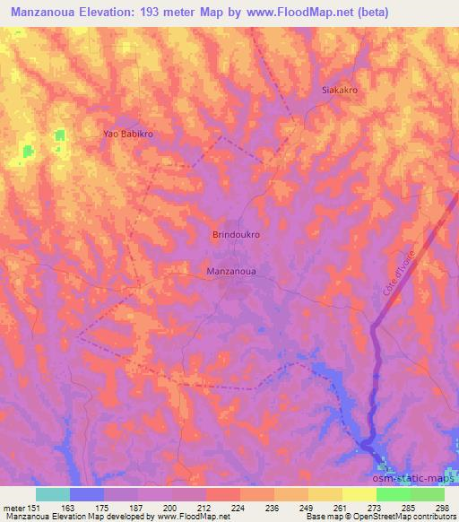 Manzanoua,Ivory Coast Elevation Map