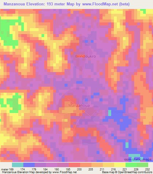 Manzanoua,Ivory Coast Elevation Map