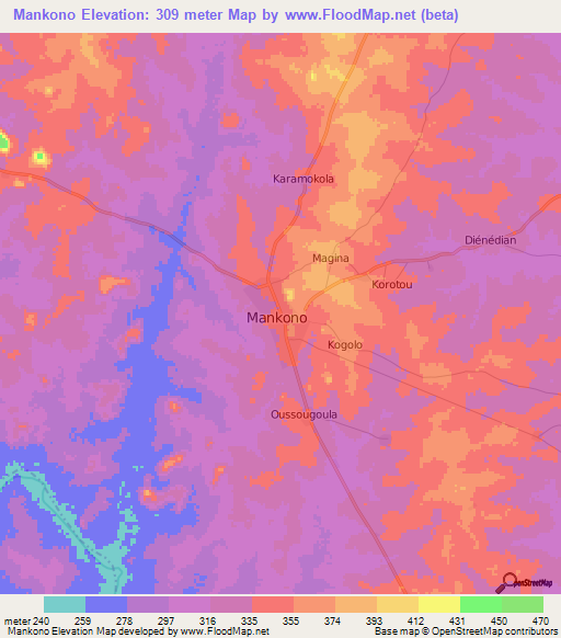 Mankono,Ivory Coast Elevation Map