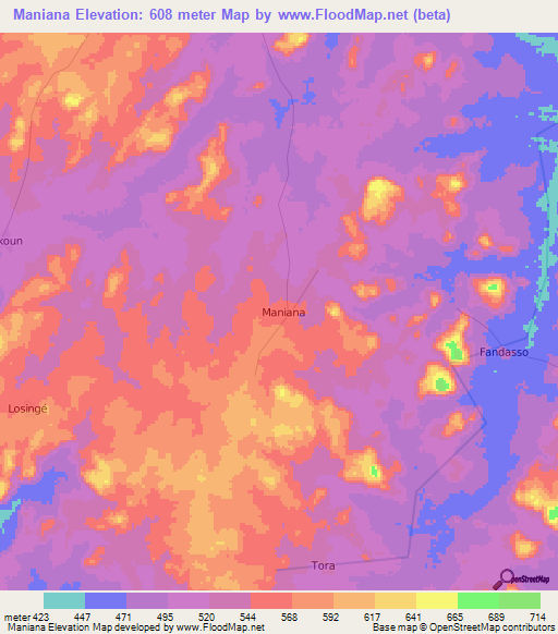 Maniana,Ivory Coast Elevation Map