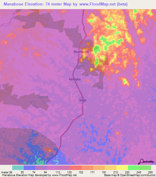 Manaboue,Ivory Coast Elevation Map