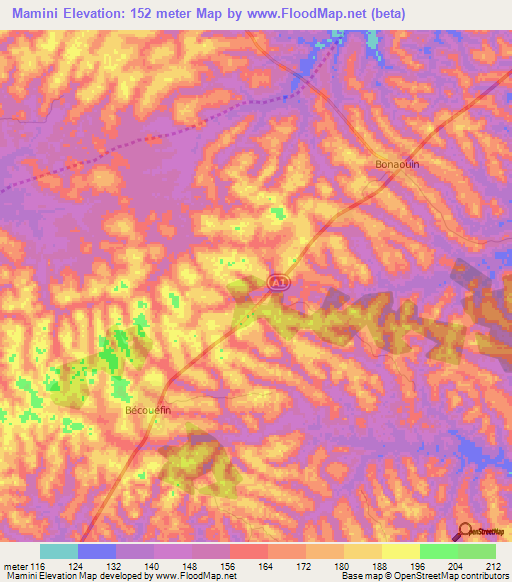 Mamini,Ivory Coast Elevation Map