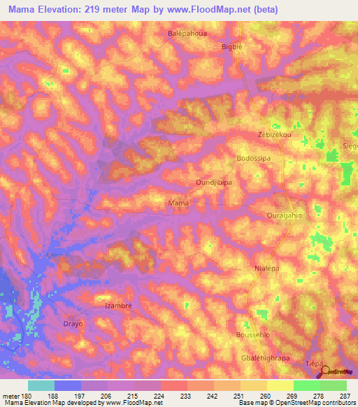 Mama,Ivory Coast Elevation Map