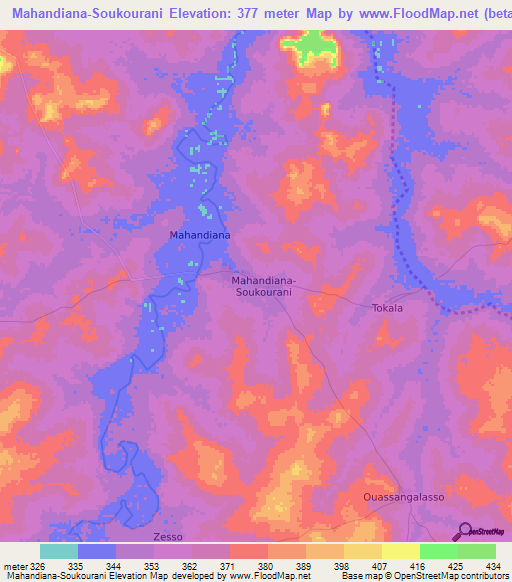 Mahandiana-Soukourani,Ivory Coast Elevation Map