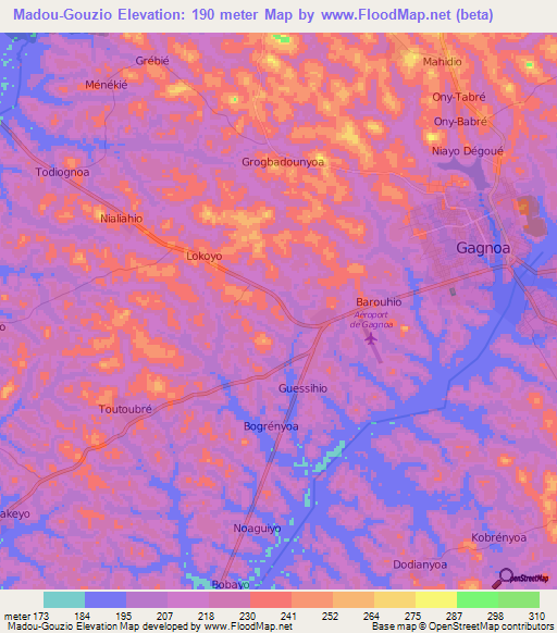 Madou-Gouzio,Ivory Coast Elevation Map