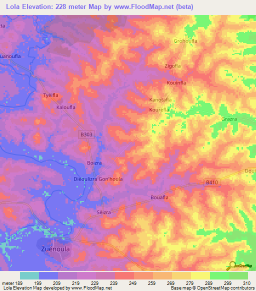Lola,Ivory Coast Elevation Map