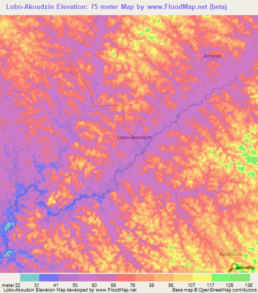 Lobo-Akoudzin,Ivory Coast Elevation Map