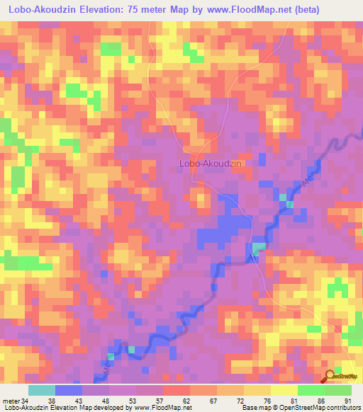 Lobo-Akoudzin,Ivory Coast Elevation Map