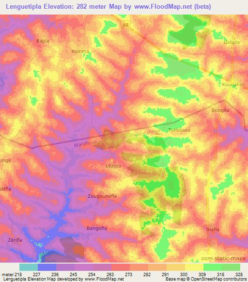 Lenguetipla,Ivory Coast Elevation Map