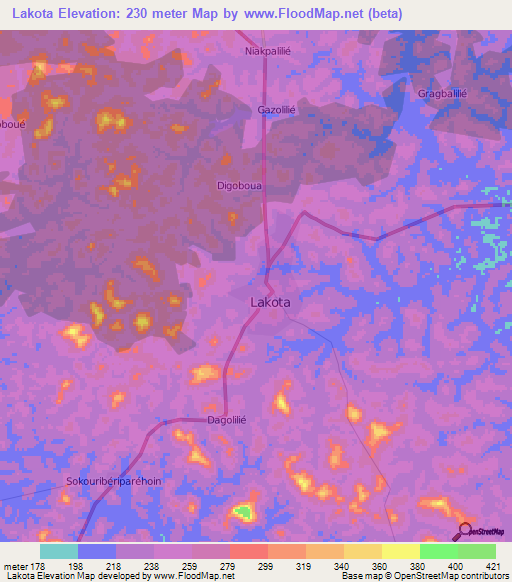 Lakota,Ivory Coast Elevation Map