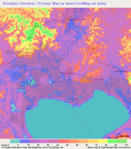 Krindjabo,Ivory Coast Elevation Map