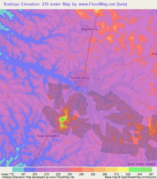 Kreboyo,Ivory Coast Elevation Map