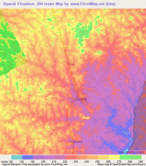 Kpandi,Ivory Coast Elevation Map