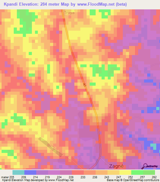 Kpandi,Ivory Coast Elevation Map