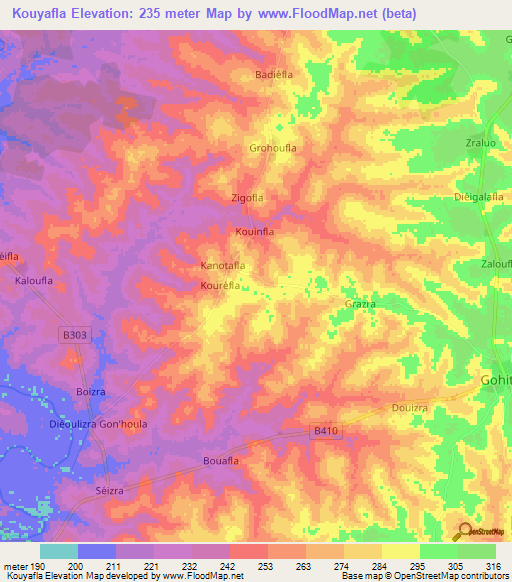 Kouyafla,Ivory Coast Elevation Map