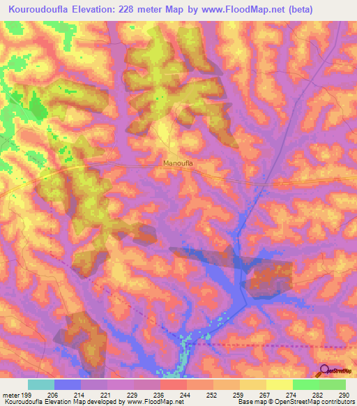 Kouroudoufla,Ivory Coast Elevation Map