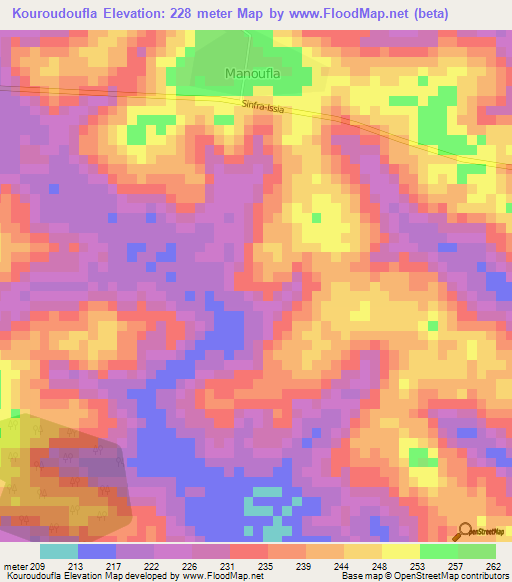 Kouroudoufla,Ivory Coast Elevation Map
