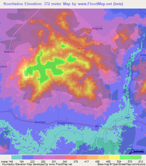 Kouritadou,Ivory Coast Elevation Map