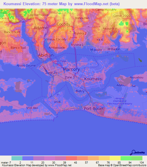 Koumassi,Ivory Coast Elevation Map