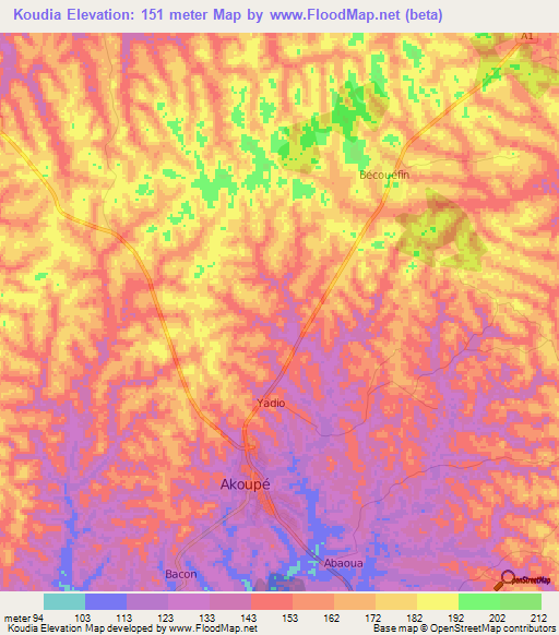Koudia,Ivory Coast Elevation Map