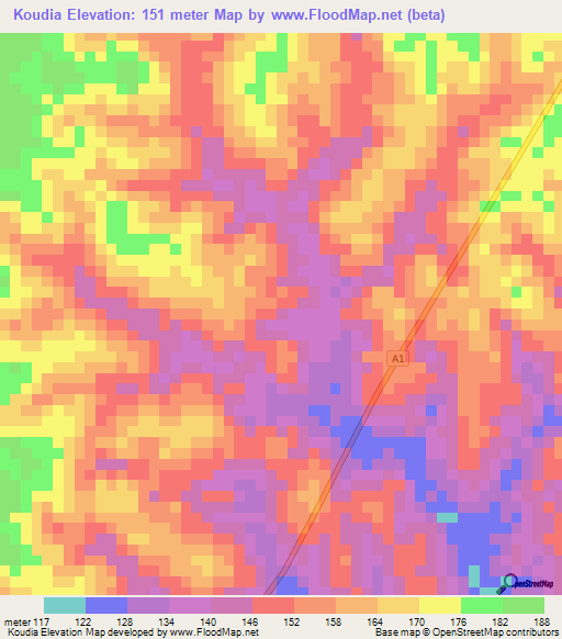 Koudia,Ivory Coast Elevation Map