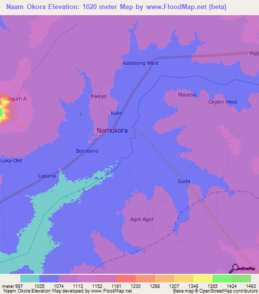 Naam Okora,Uganda Elevation Map