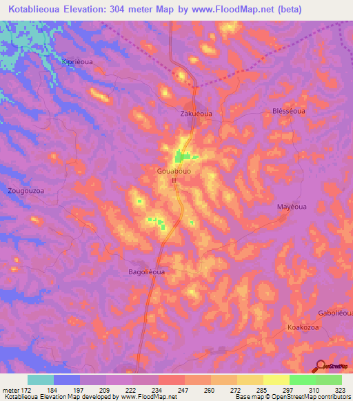 Kotablieoua,Ivory Coast Elevation Map