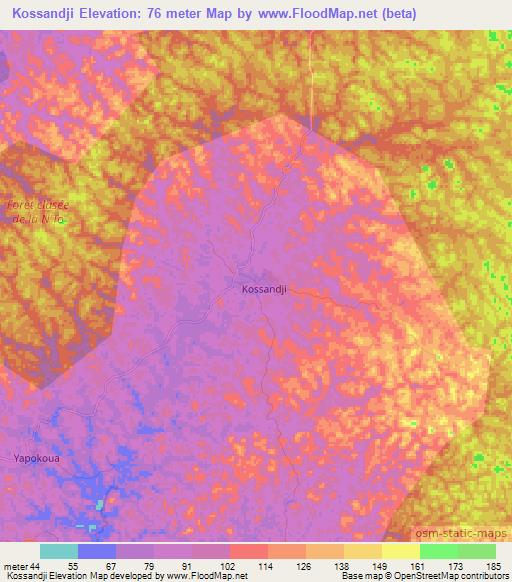 Kossandji,Ivory Coast Elevation Map
