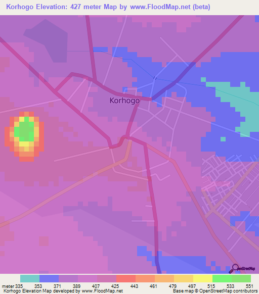 Korhogo,Ivory Coast Elevation Map