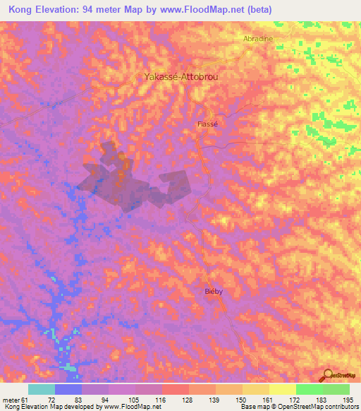 Kong,Ivory Coast Elevation Map