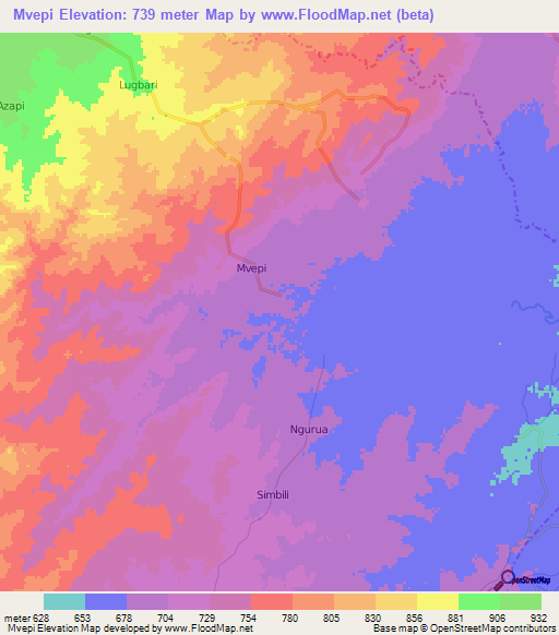 Mvepi,Uganda Elevation Map