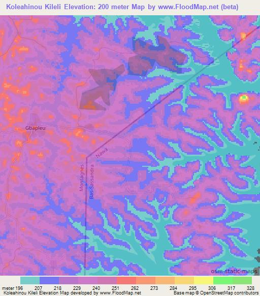 Koleahinou Kileli,Ivory Coast Elevation Map